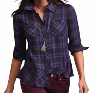 CAbi Black, Blue, Purple Plaid Checked Button-up Longsleeve Blouse | Women’s M